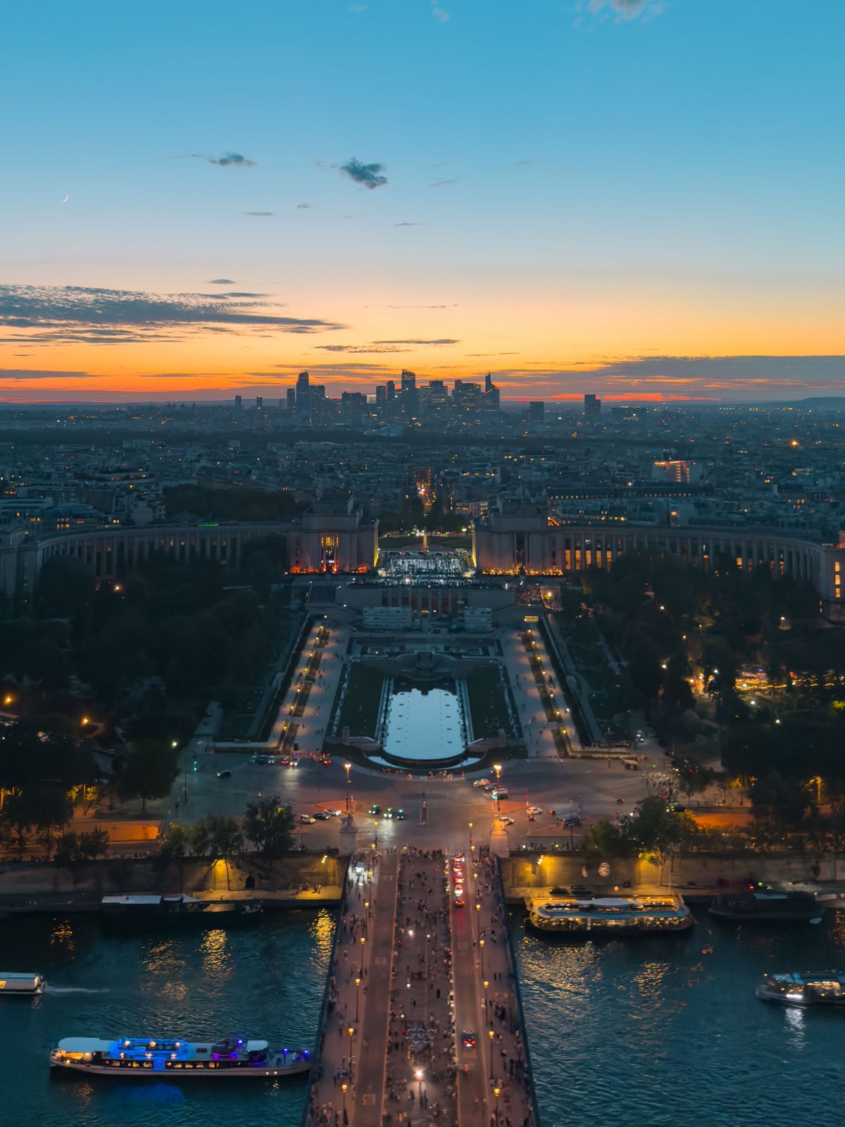 Paris at sunset from the top of the Eiffel Tower, looking across the Seine to the Trocad&eacute;ro