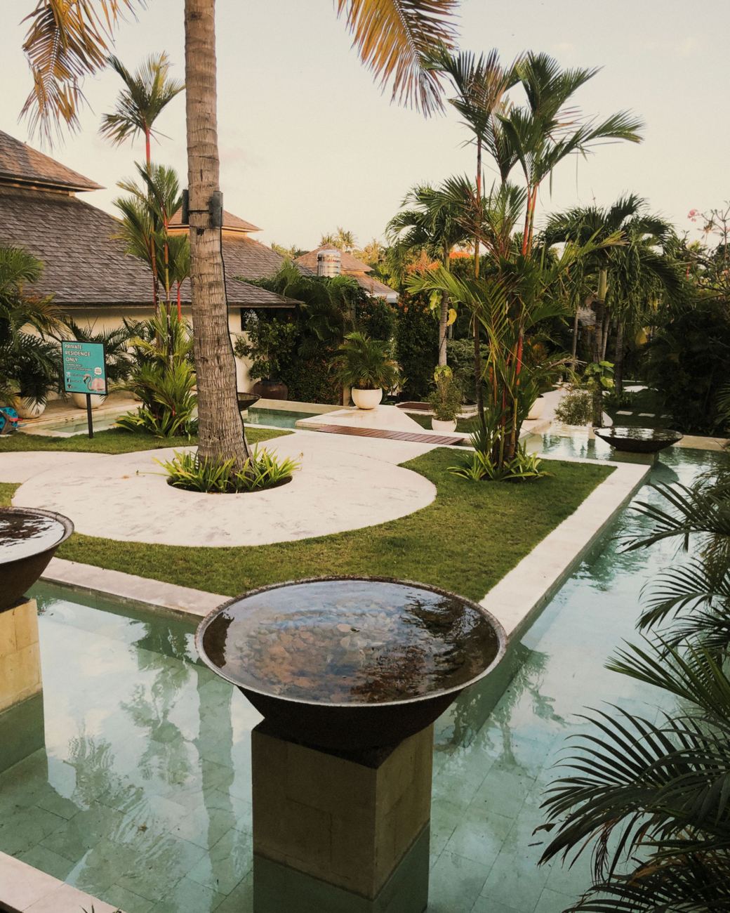 A garden with palms, a lawn and shallow water channels with stone fountain bowls
